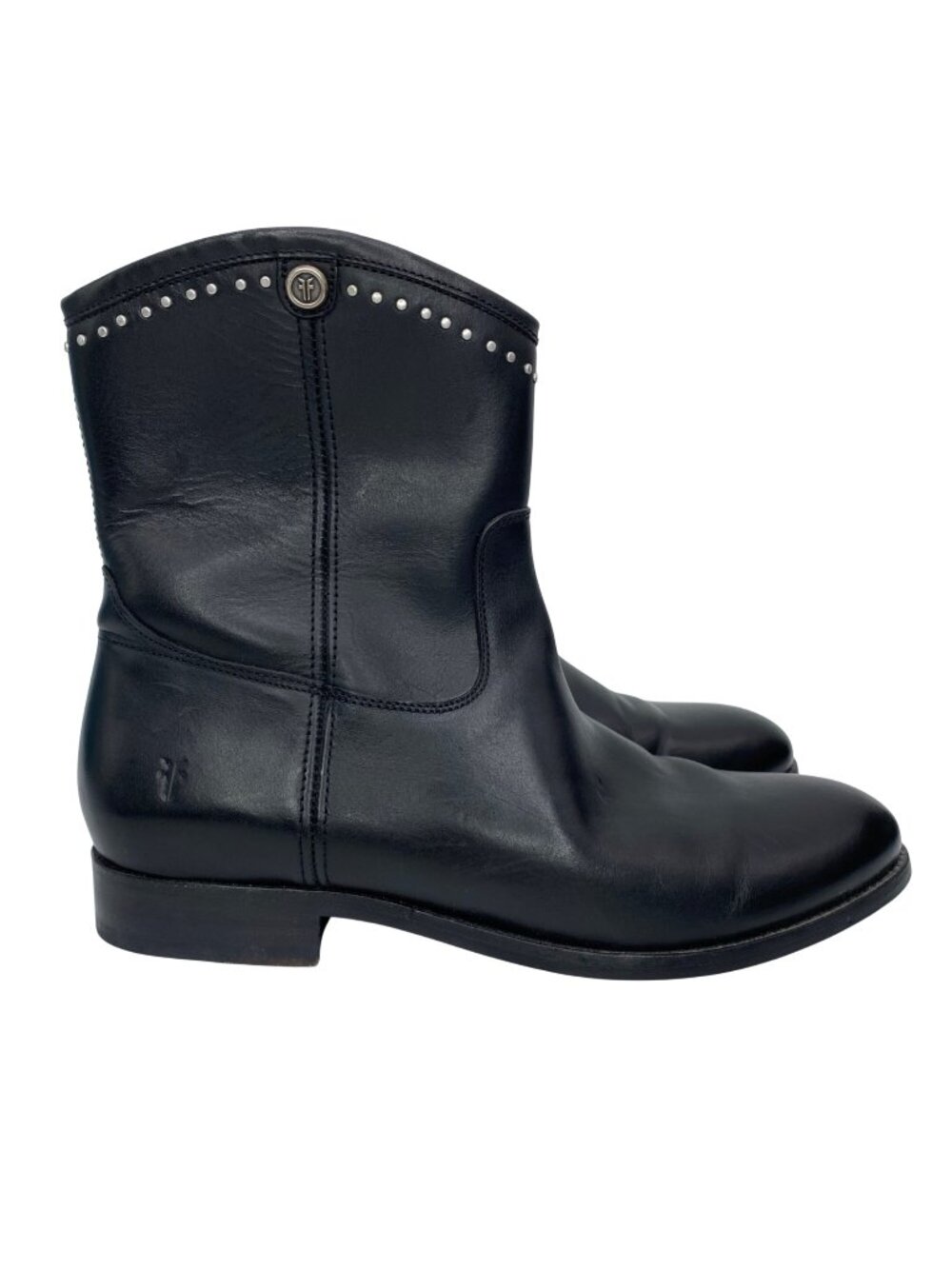 FRYE Melissa stud Black Leather round toe short boots Classic minimalist Women 8